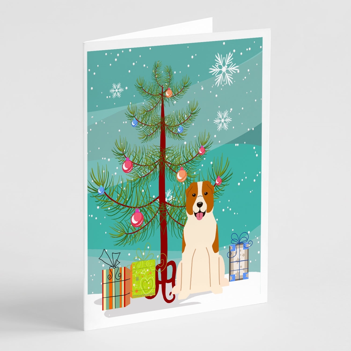 BB4174GCA7P 5 x 7 in. Merry Christmas Tree Central Asian Shepherd Dog Greeting Cards - Pack of 8