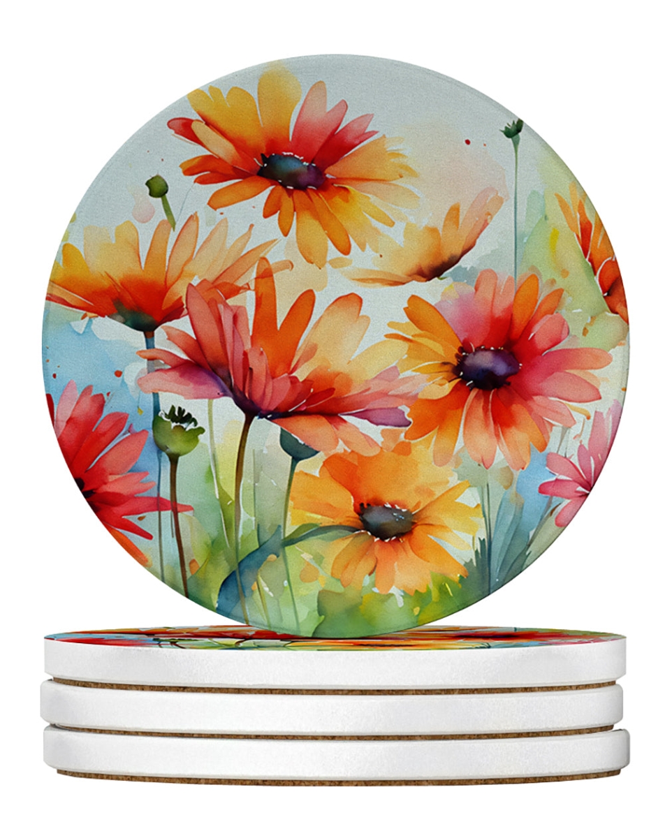 DAC1573RCS4 4 x 4 in. Gerbera Daisies in Watercolor Sandstone Coasters - Large - Pack of 4
