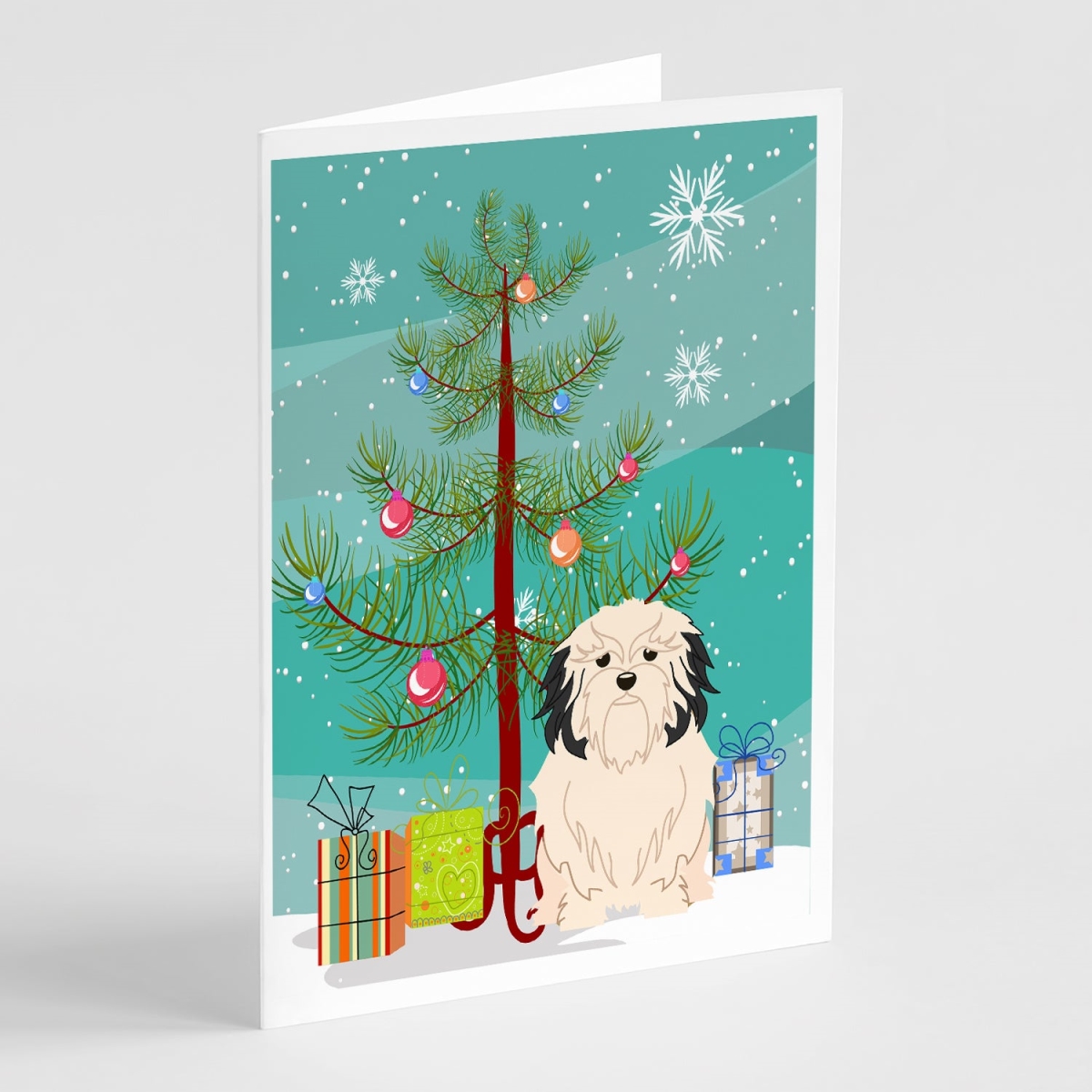 BB4144GCA7P 5 x 7 in. Merry Christmas Tree Lowchen Greeting Cards - Pack of 8