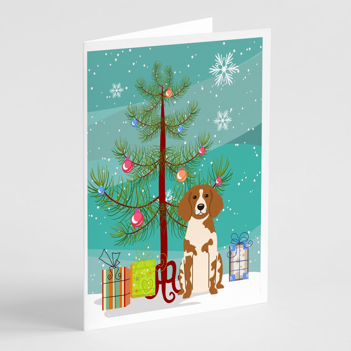 BB4197GCA7P 5 x 7 in. Merry Christmas Tree Brittany Spaniel Greeting Cards - Pack of 8