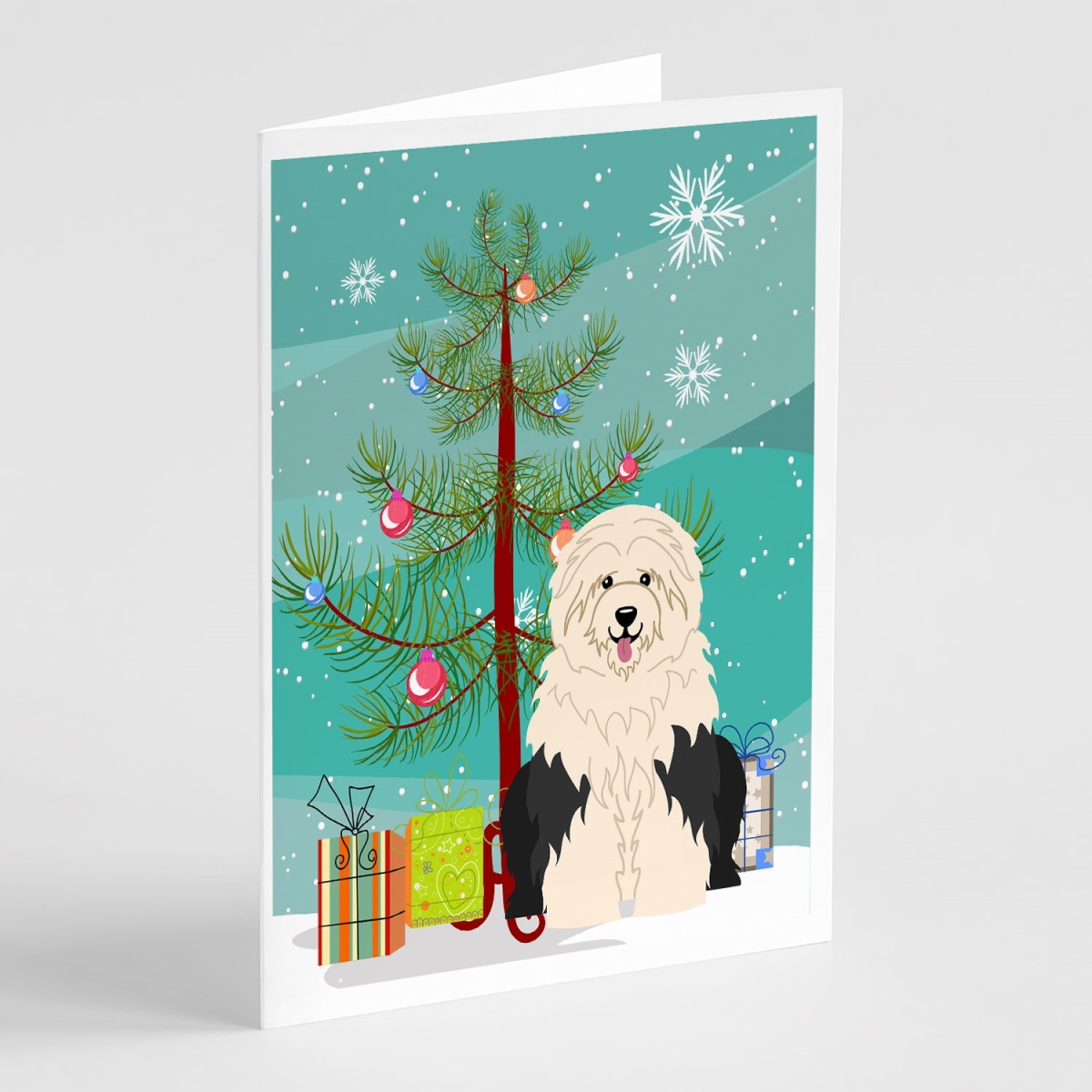 BB4221GCA7P 5 x 7 in. Merry Christmas Tree Old English Sheepdog Greeting Cards - Pack of 8