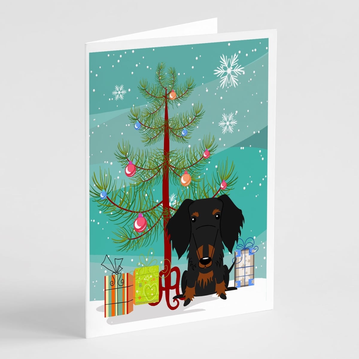 BB4252GCA7P 5 x 7 in. Merry Christmas Tree Wire Haired Dachshund Black Tan Greeting Cards - Pack of 8