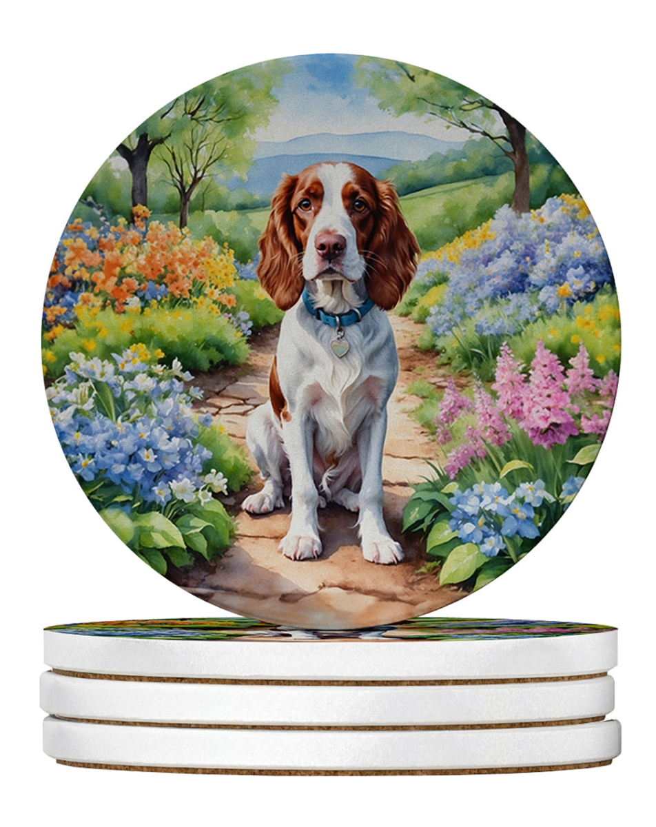 DAC6729RCS4 4 x 4 in. Welsh Springer Spaniel Spring Path Sandstone Coasters - Large - Pack of 4