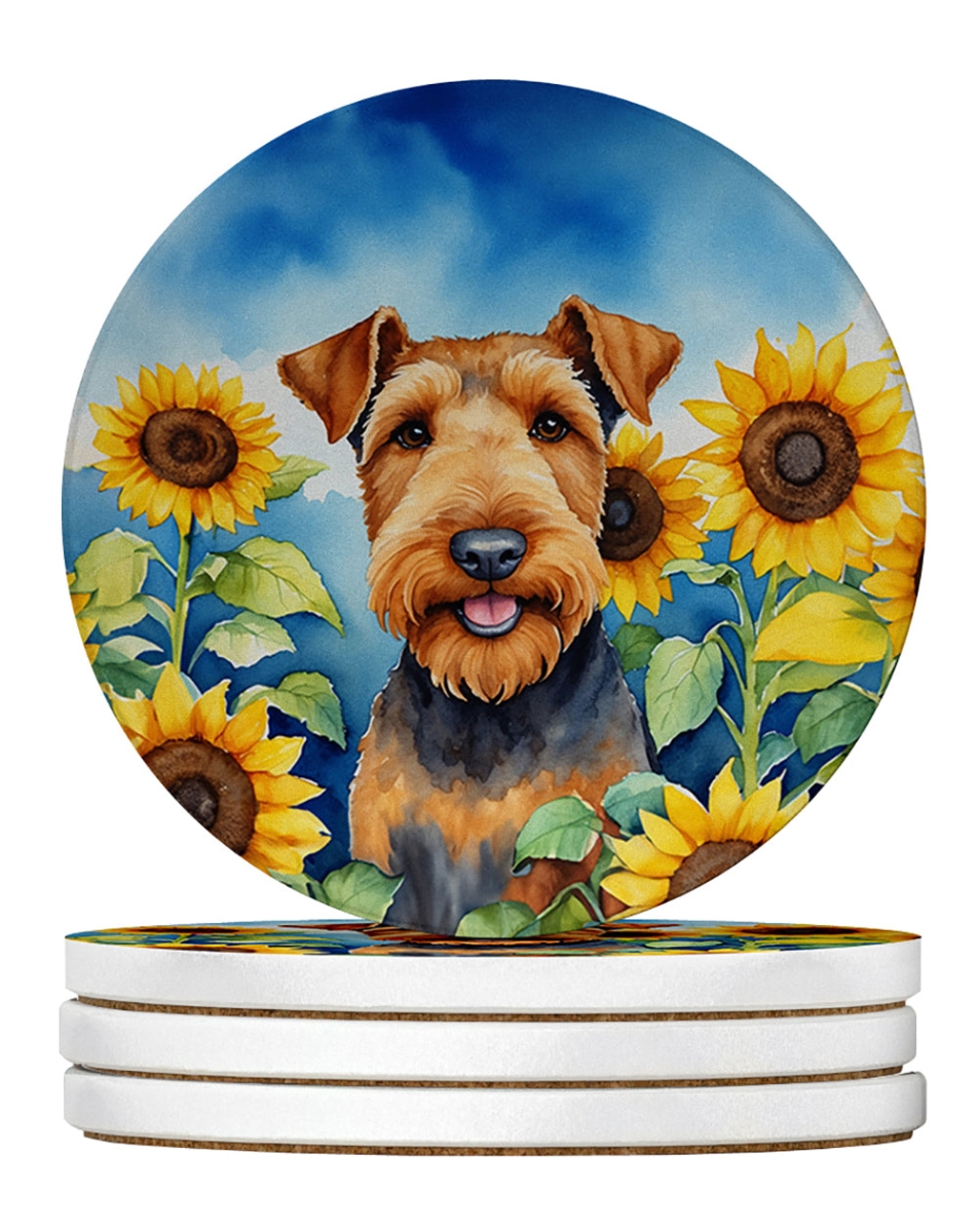 DAC6002RCS4 4 x 4 in. Airedale Terrier in Sunflowers Sandstone Coasters - Large - Pack of 4
