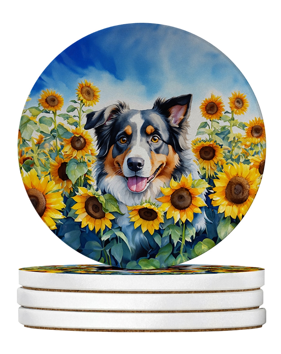 DAC6014RCS4 4 x 4 in. Australian Shepherd in Sunflowers Sandstone Coasters - Large - Pack of 4