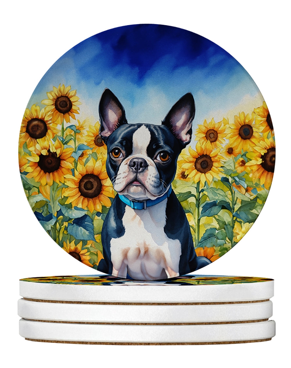 DAC6036RCS4 4 x 4 in. Boston Terrier in Sunflowers Sandstone Coasters - Large - Pack of 4