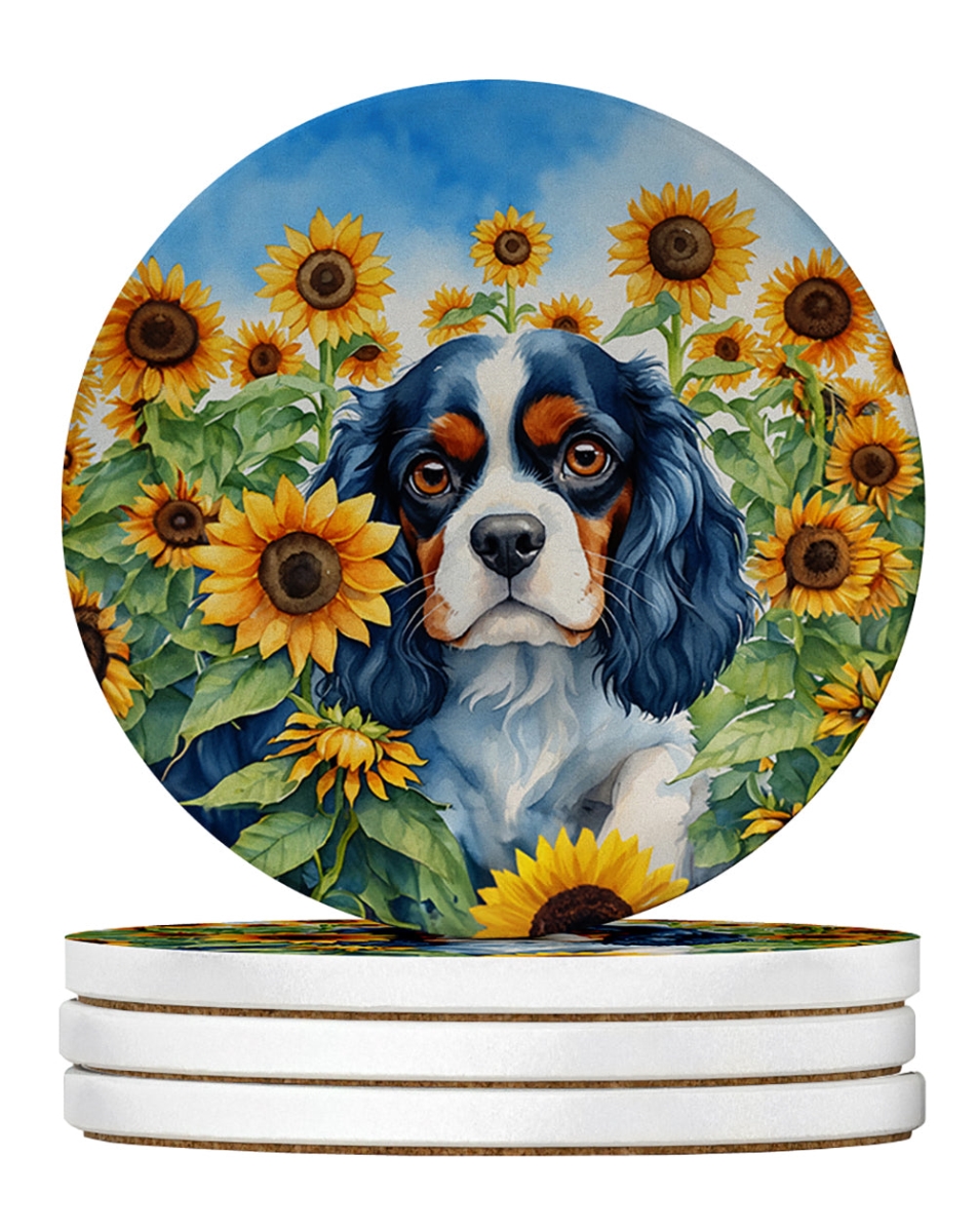 DAC6049RCS4 4 x 4 in. Cavalier Spaniel in Sunflowers Sandstone Coasters - Large - Pack of 4