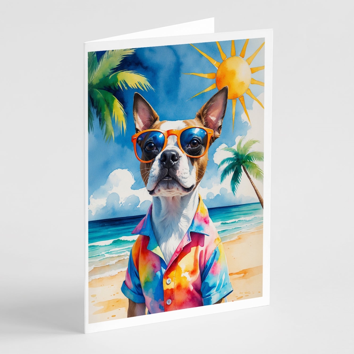 DAC8260GCA7P 5 x 7 in. Red Boston Terrier Summer Beach Time Greeting Cards - Pack of 8