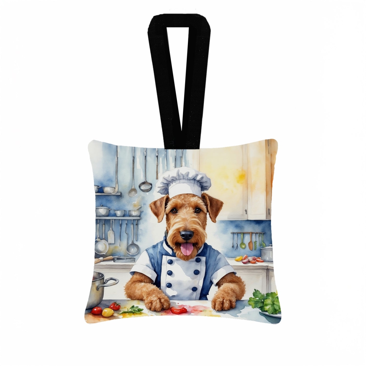 DAC6181PO3 3.5 x 3.5 in. Airedale Terrier The Chef Hanging Square Fabric Ornament