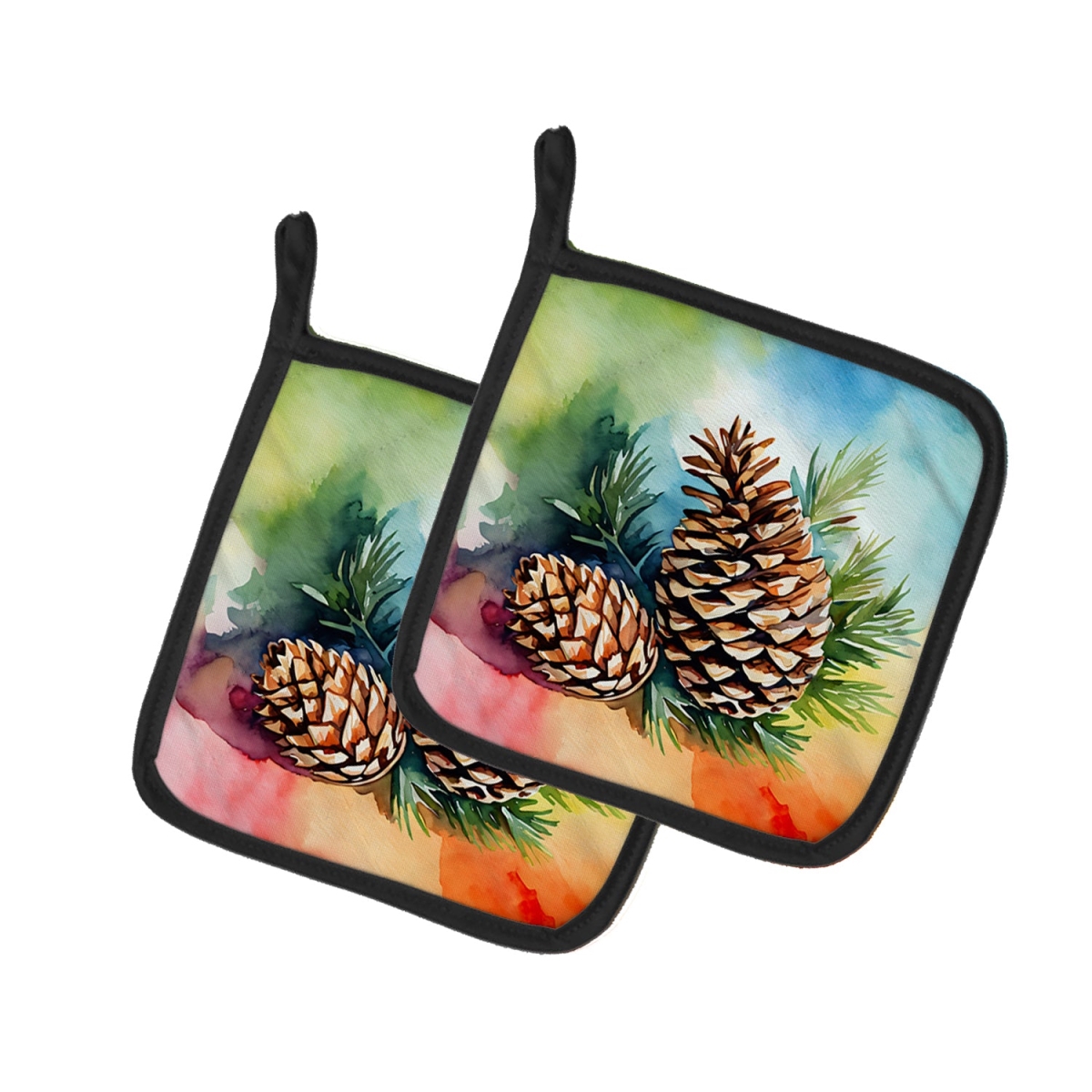 DAC1665PTHD 7.5 x 7.5 in. Maine White Pine Cone & Tassels in Watercolor Pair of Pot Holders