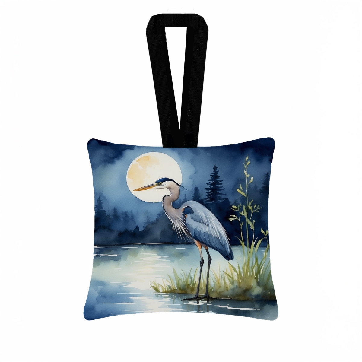 DAC7493PO3 3.5 x 3.5 in. Blue Heron Under the Moonlight Hanging Square Fabric Ornament