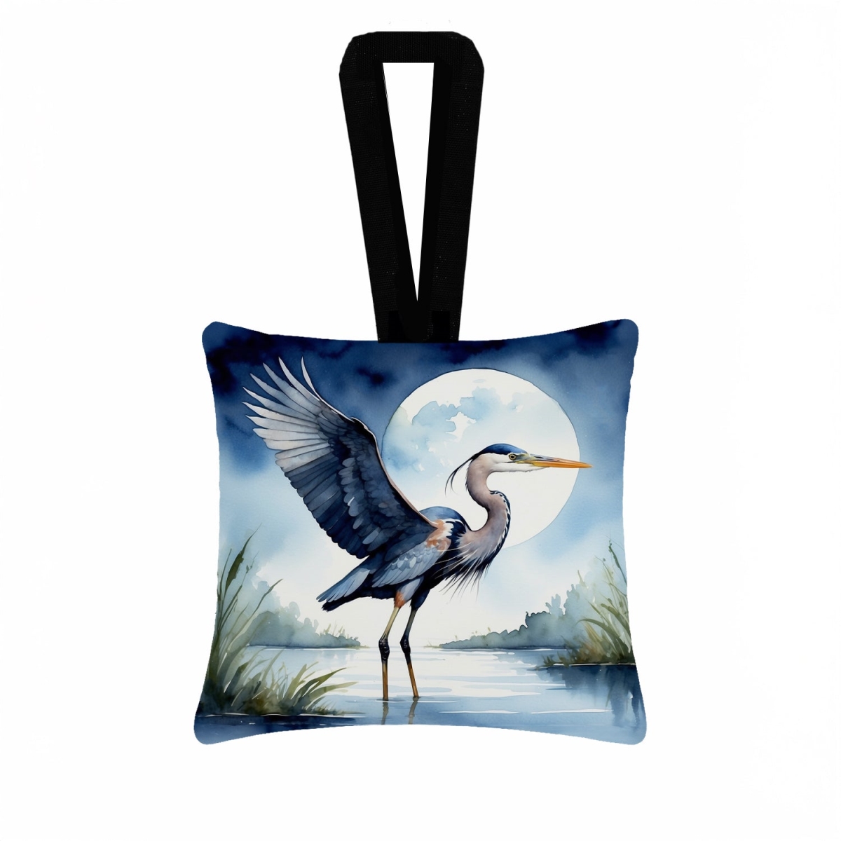 DAC7496PO3 3.5 x 3.5 in. Blue Heron Under the Moonlight Hanging Square Fabric Ornament