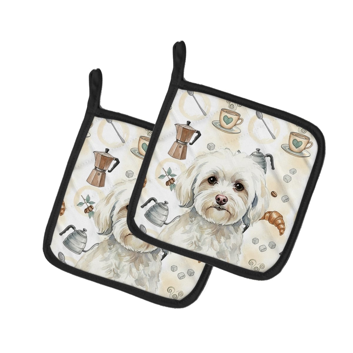 Picture of Carolines Treasures WDK7470PTHD 7.5 x 7.5 in. White Havanese Coffee Bar Pair of Pot Holders