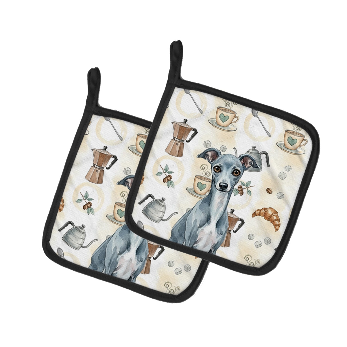 Picture of Carolines Treasures WDK7478PTHD 7.5 x 7.5 in. Blue Italian Greyhound Coffee Bar Pair of Pot Holders