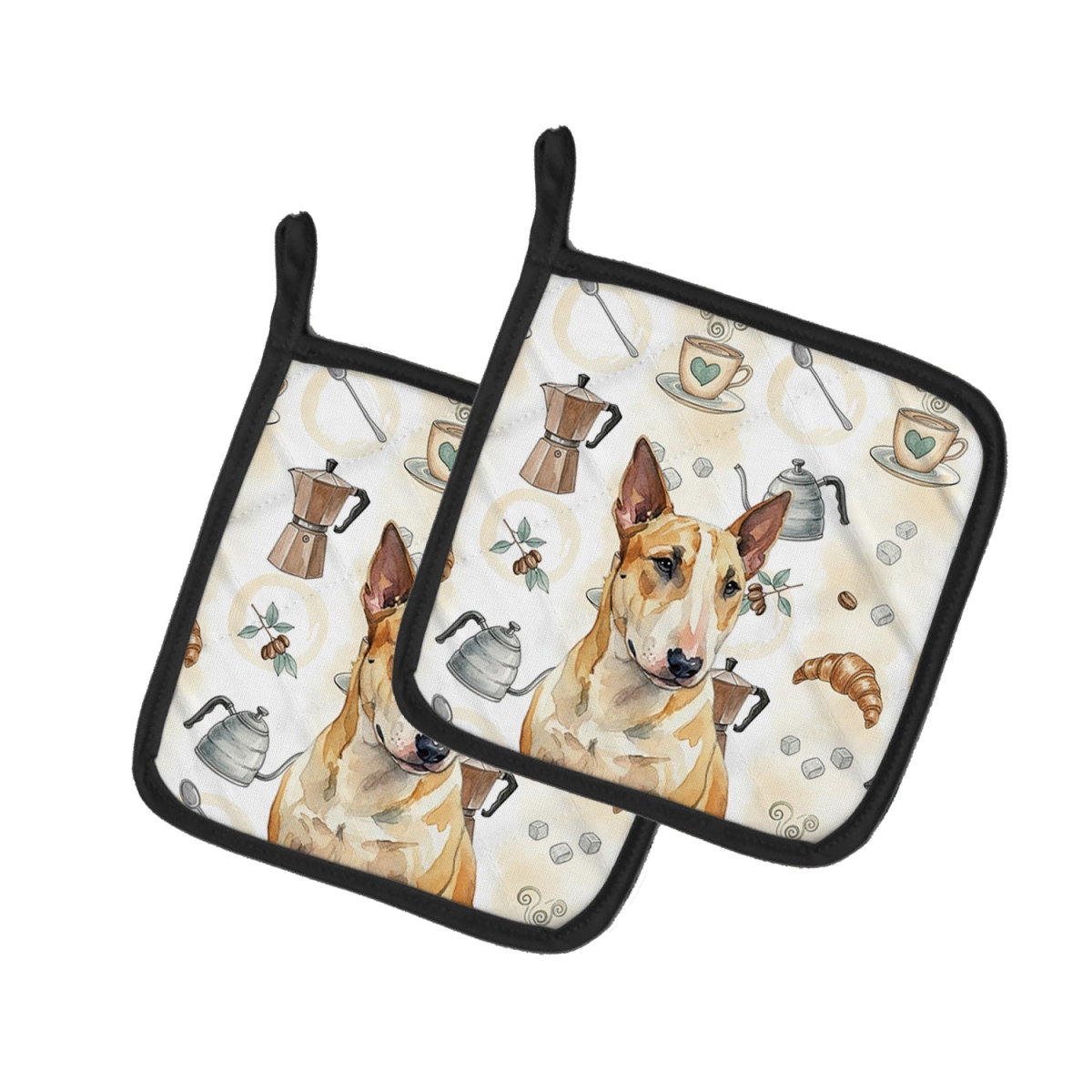 Picture of Carolines Treasures WDK7511PTHD 7.5 x 7.5 in. Miniature Bull Terrier Coffee Bar Pair of Pot Holders