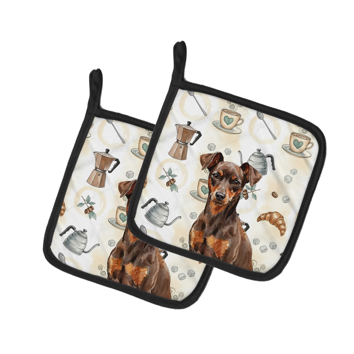 Picture of Carolines Treasures WDK7514PTHD 7.5 x 7.5 in. Chocolate & Rust Miniature Pinscher Min Pin Coffee Bar Pair of Pot Holders
