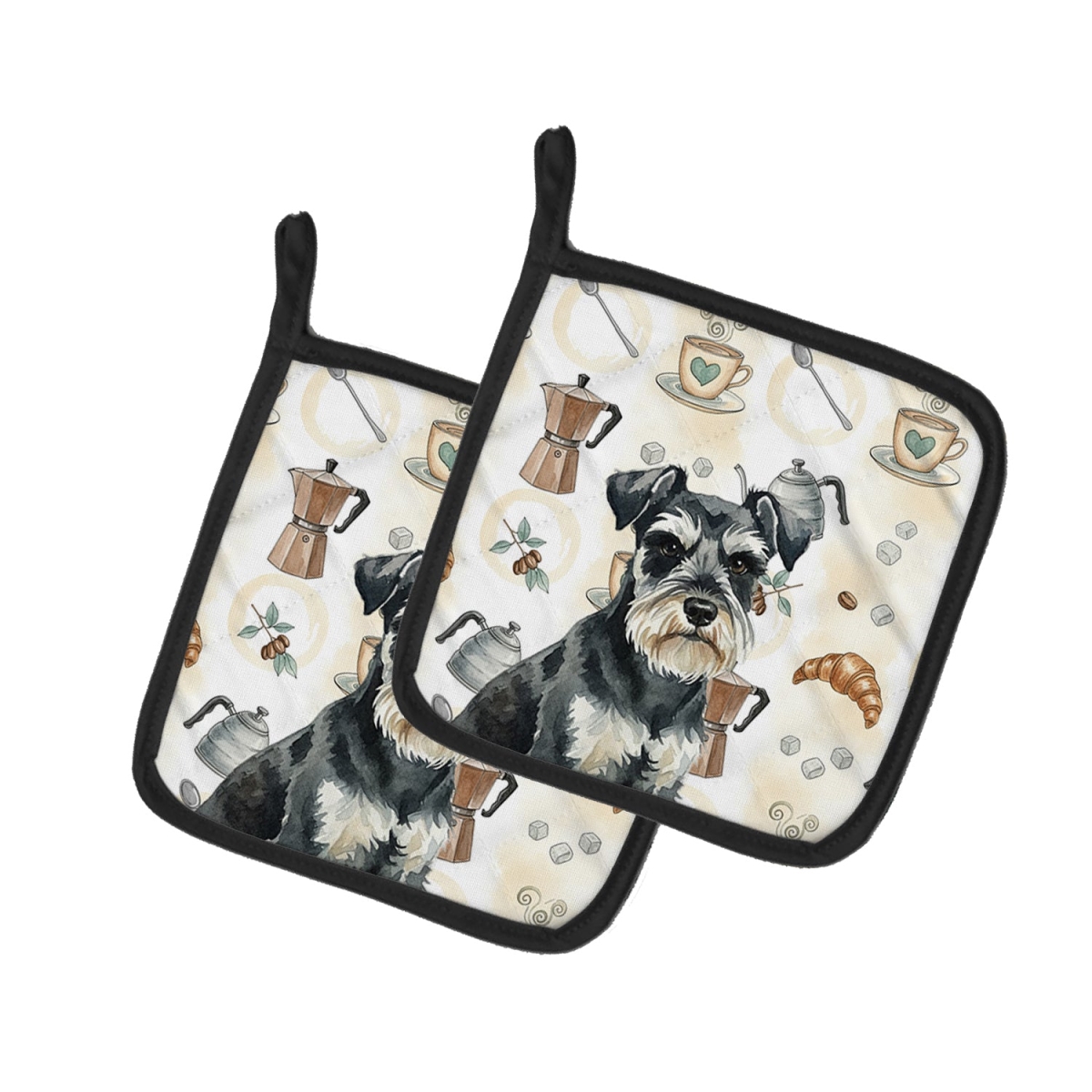 Picture of Carolines Treasures WDK7517PTHD 7.5 x 7.5 in. Black & Silver Miniature Schnauzer Coffee Bar Pair of Pot Holders