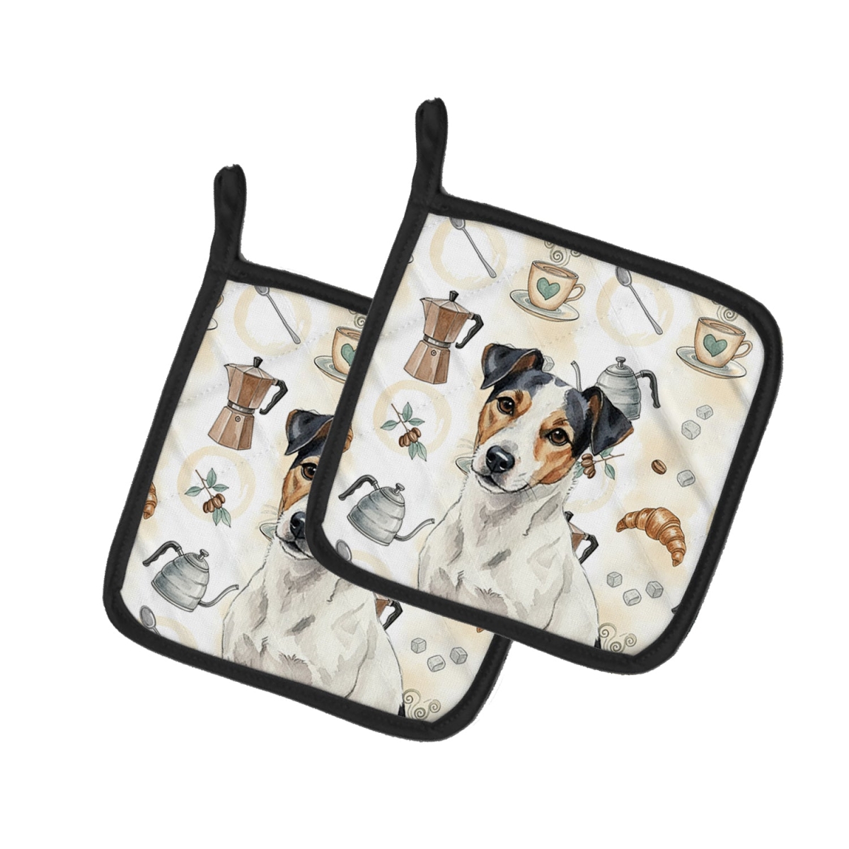 Picture of Carolines Treasures WDK7589PTHD 7.5 x 7.5 in. White with Black Markings Russell Terrier Coffee Bar Pair of Pot Holders