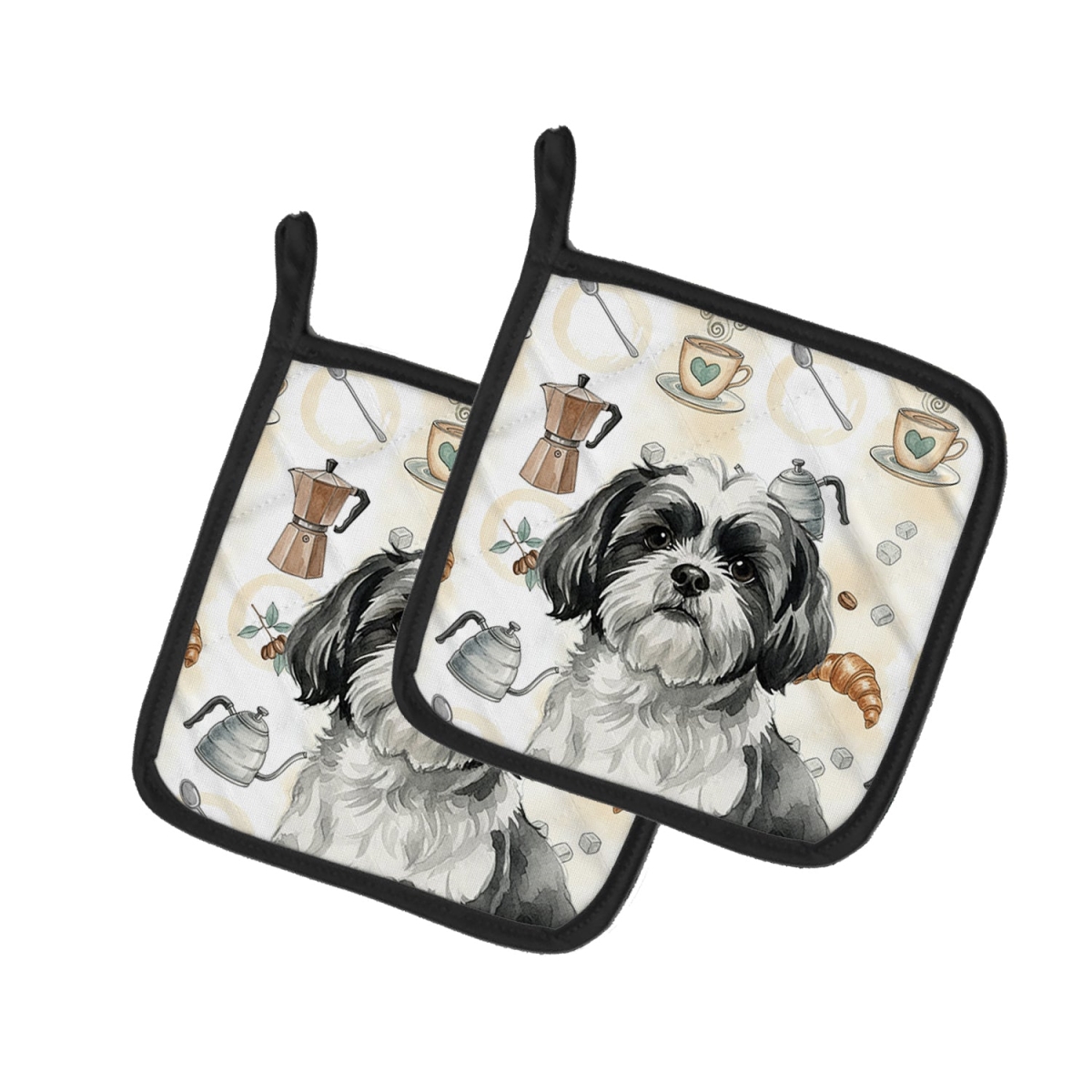 Picture of Carolines Treasures WDK7616PTHD 7.5 x 7.5 in. Black & White Shih Tzu Coffee Bar Pair of Pot Holders