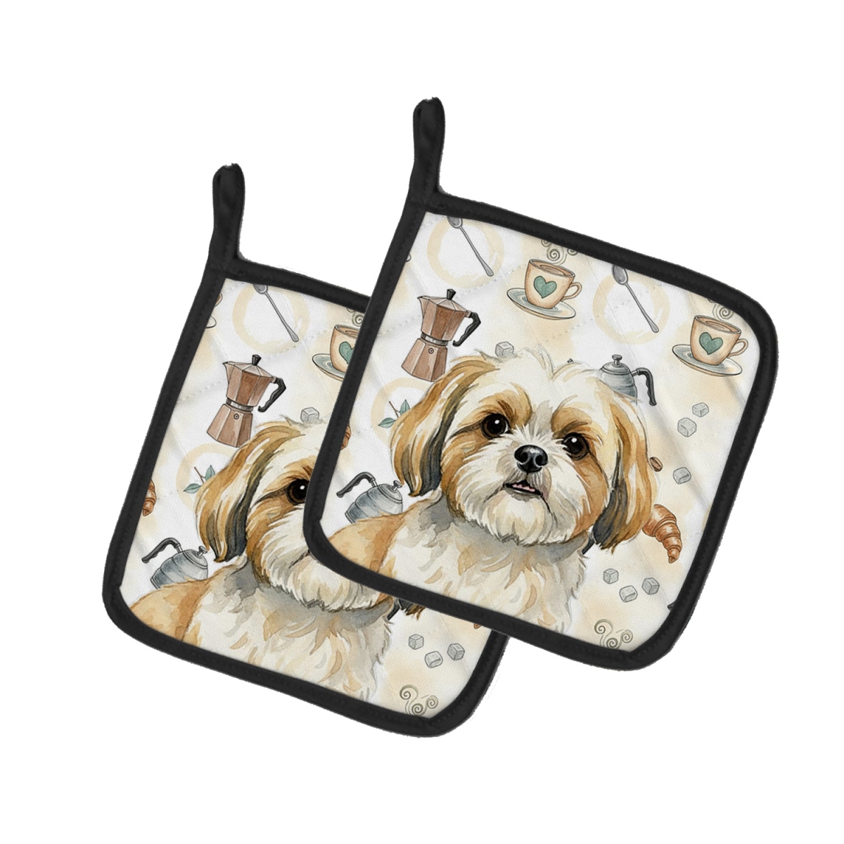 Picture of Carolines Treasures WDK7618PTHD 7.5 x 7.5 in. Gold & White Shih Tzu Coffee Bar Pair of Pot Holders