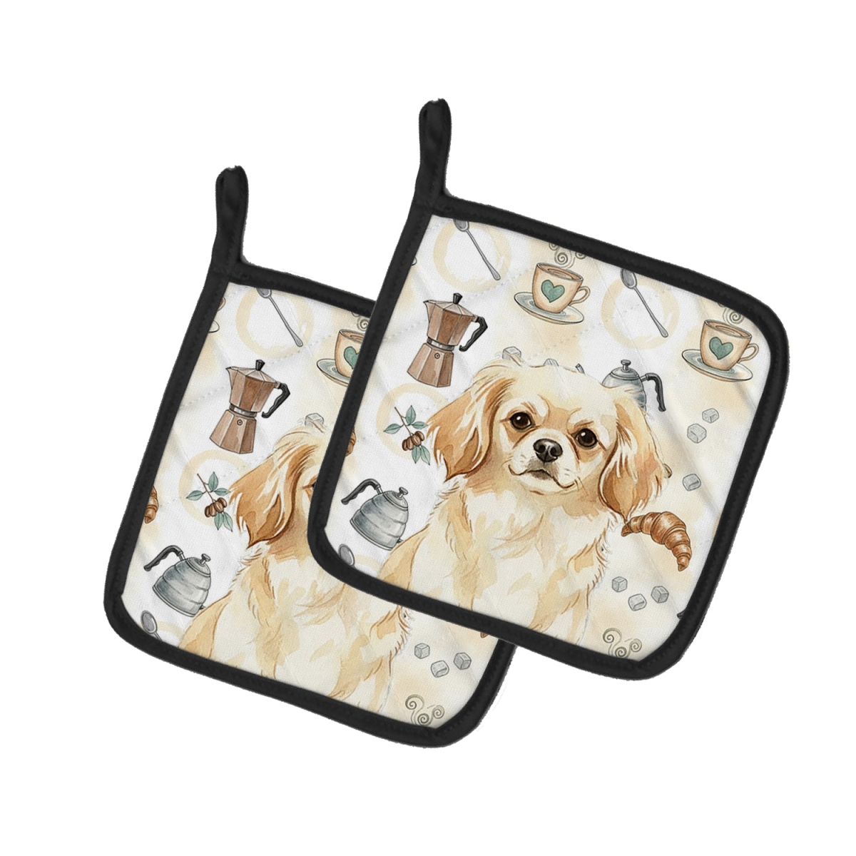 Picture of Carolines Treasures WDK7639PTHD 7.5 x 7.5 in. Cream Tibetan Spaniel Coffee Bar Pair of Pot Holders