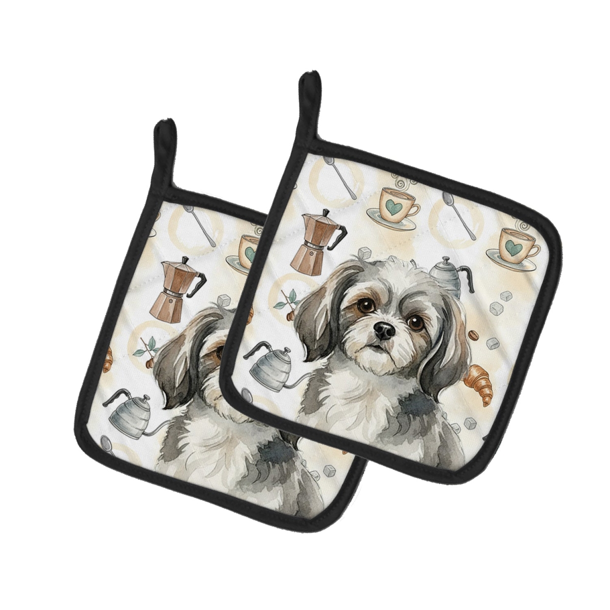 Picture of Carolines Treasures WDK7641PTHD 7.5 x 7.5 in. Gray & White Tibetan Spaniel Coffee Bar Pair of Pot Holders