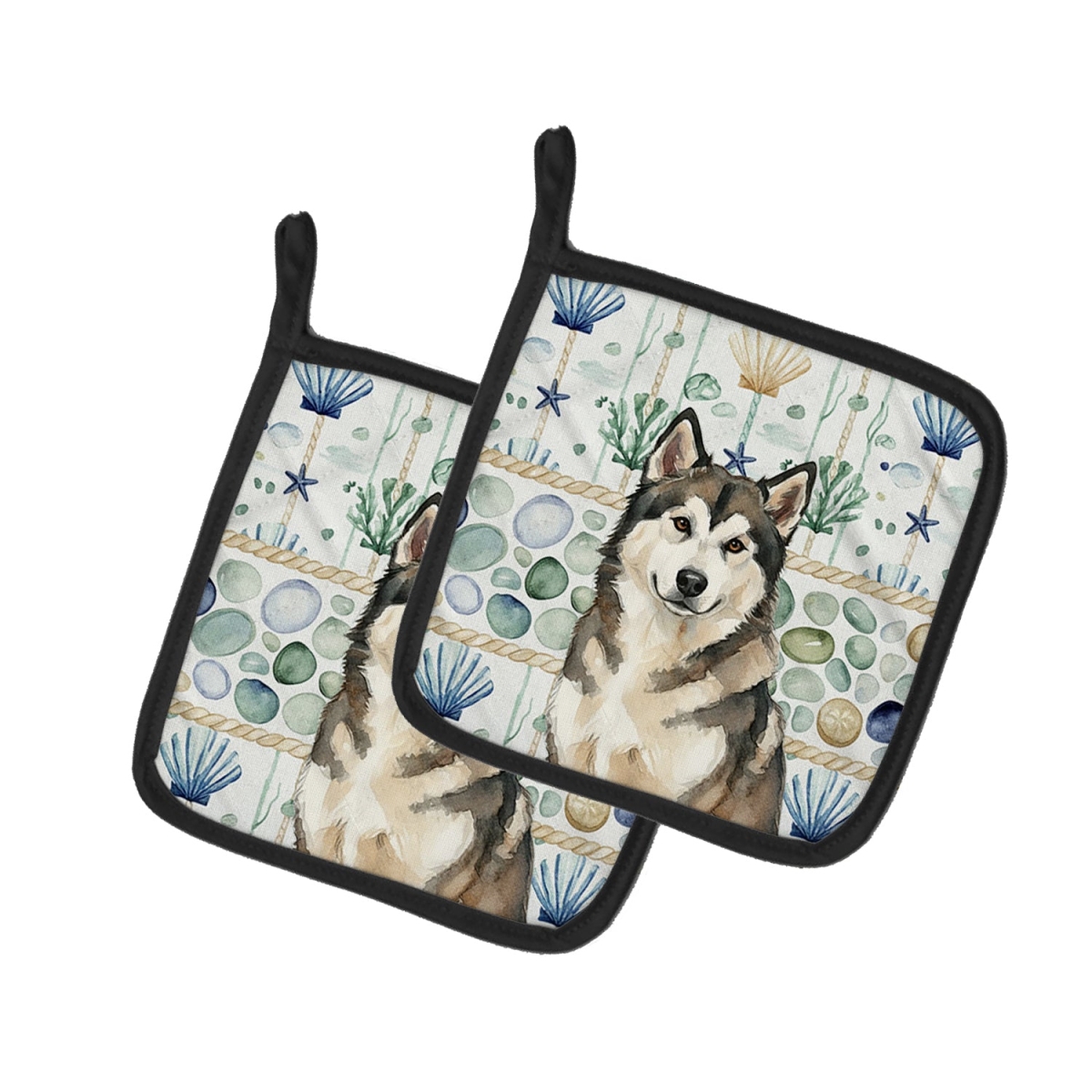 Picture of Carolines Treasures WDK6876PTHD 7.5 x 7.5 in. Sable & White Alaskan Malamute Coastal Sea Glass Pair of Pot Holders