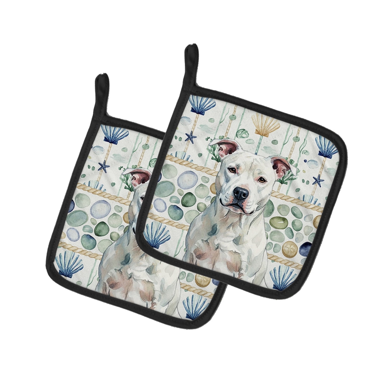 Picture of Carolines Treasures WDK6885PTHD 7.5 x 7.5 in. White American Staffordshire Terrier Coastal Sea Glass Pair of Pot Holders