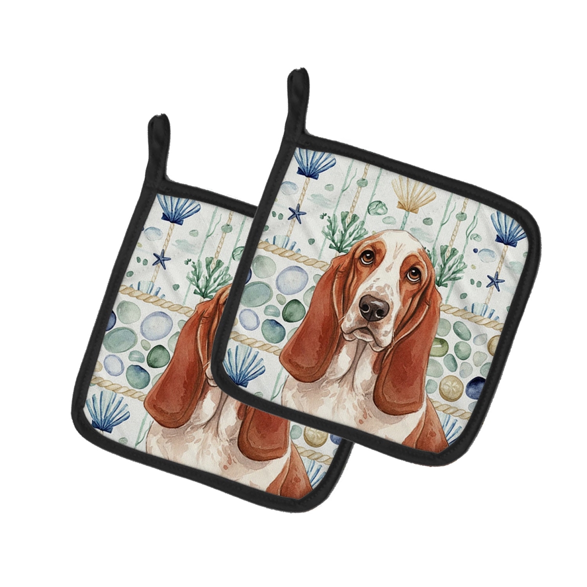 Picture of Carolines Treasures WDK6897PTHD 7.5 x 7.5 in. Red & White Basset Hound Coastal Sea Glass Pair of Pot Holders