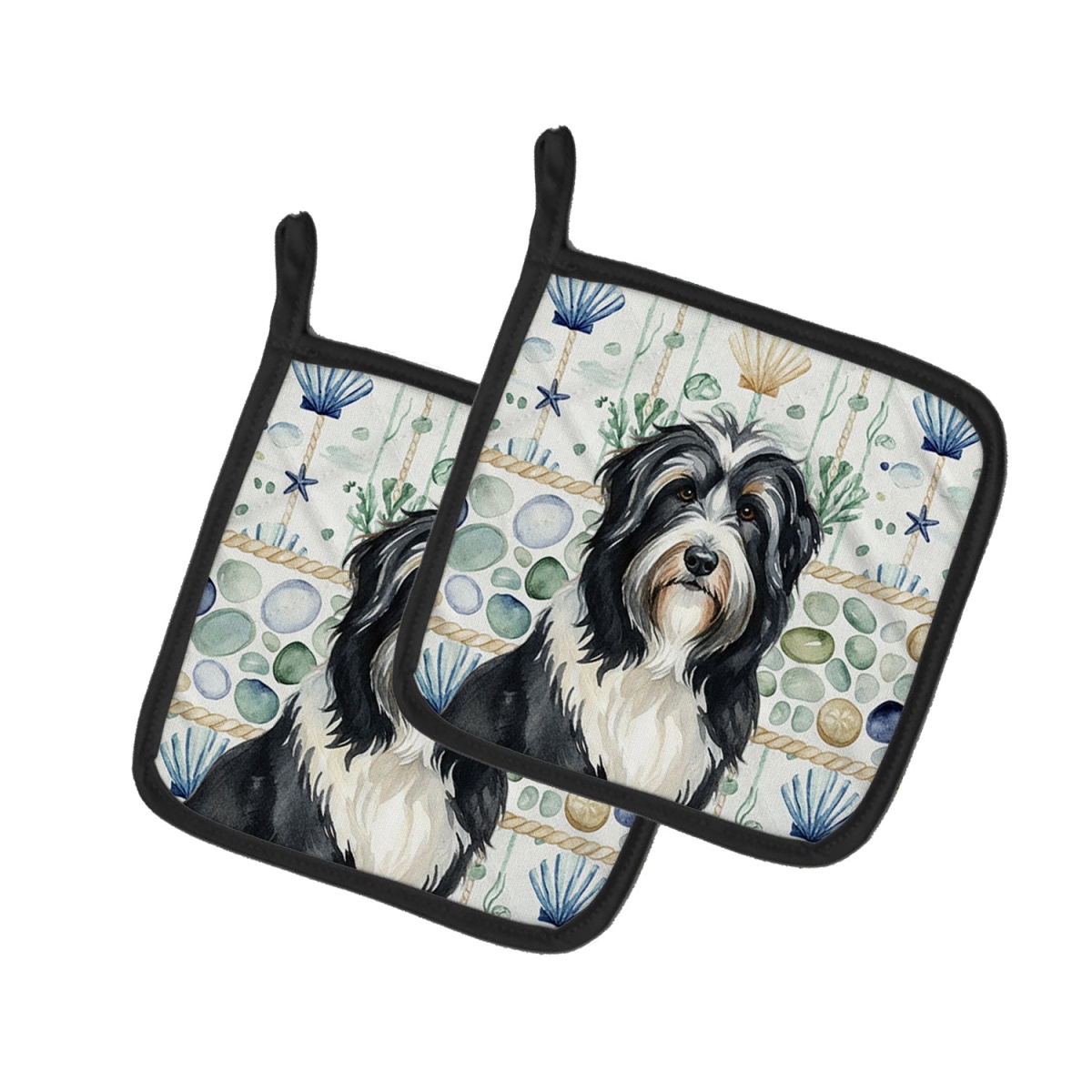 Picture of Carolines Treasures WDK6901PTHD 7.5 x 7.5 in. Black Bearded Collie Coastal Sea Glass Pair of Pot Holders