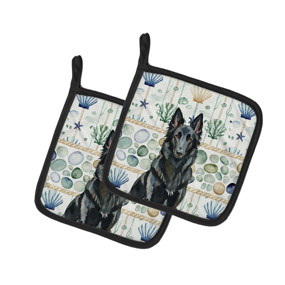 Picture of Carolines Treasures WDK6910PTHD 7.5 x 7.5 in. Belgian Sheepdog Groenendael Coastal Sea Glass Pair of Pot Holders
