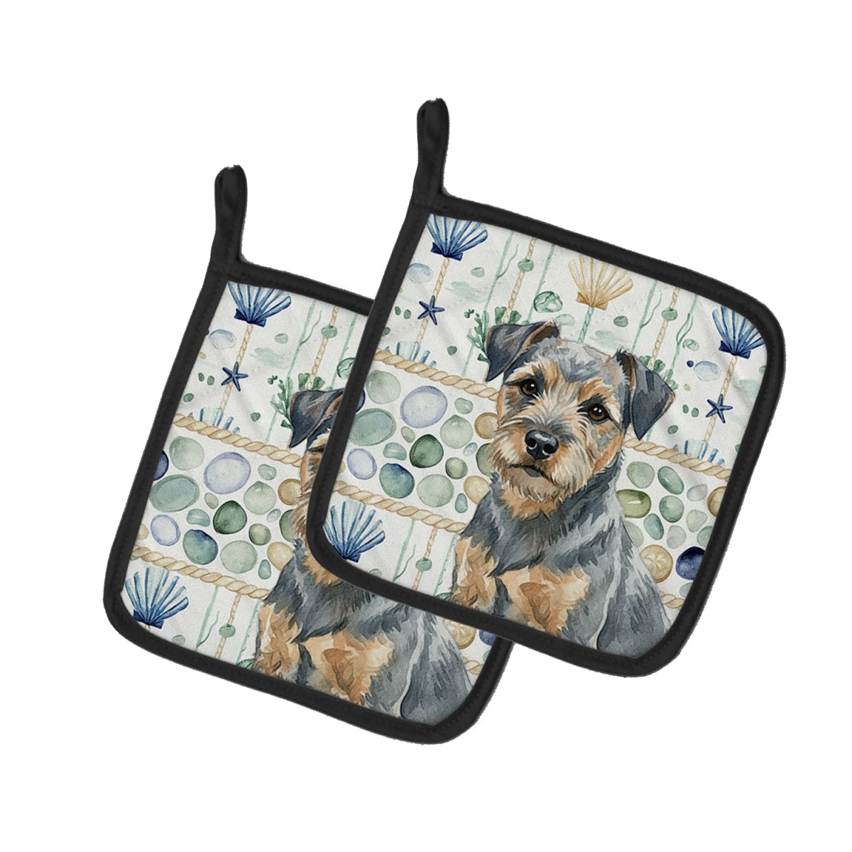 Picture of Carolines Treasures WDK6925PTHD 7.5 x 7.5 in. Blue & Tan Border Terrier Coastal Sea Glass Pair of Pot Holders