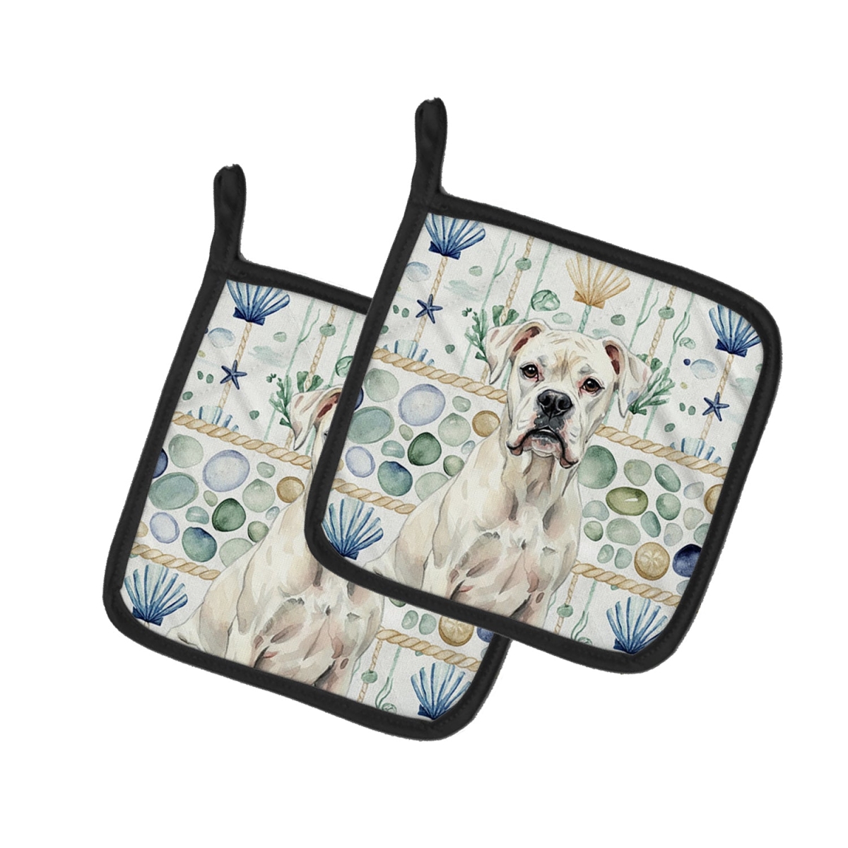 Picture of Carolines Treasures WDK6937PTHD 7.5 x 7.5 in. White Boxer Coastal Sea Glass Pair of Pot Holders