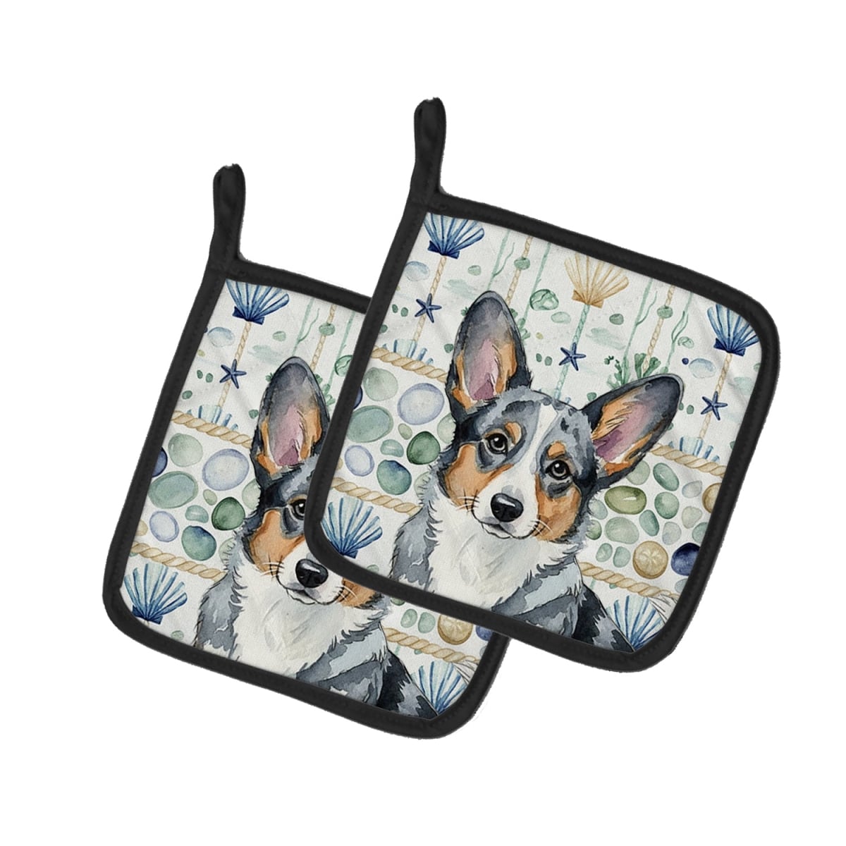 Picture of Carolines Treasures WDK6959PTHD 7.5 x 7.5 in. Blue Merle Cardigan Welsh Corgi Coastal Sea Glass Pair of Pot Holders