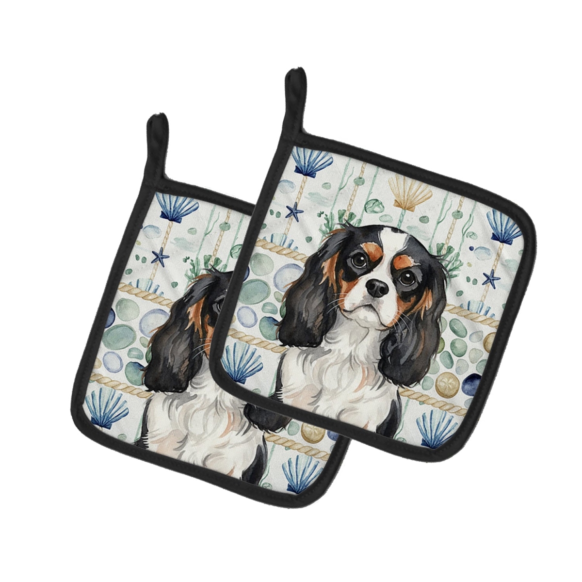 Picture of Carolines Treasures WDK6965PTHD 7.5 x 7.5 in. Tricolor Cavalier Spaniel Coastal Sea Glass Pair of Pot Holders