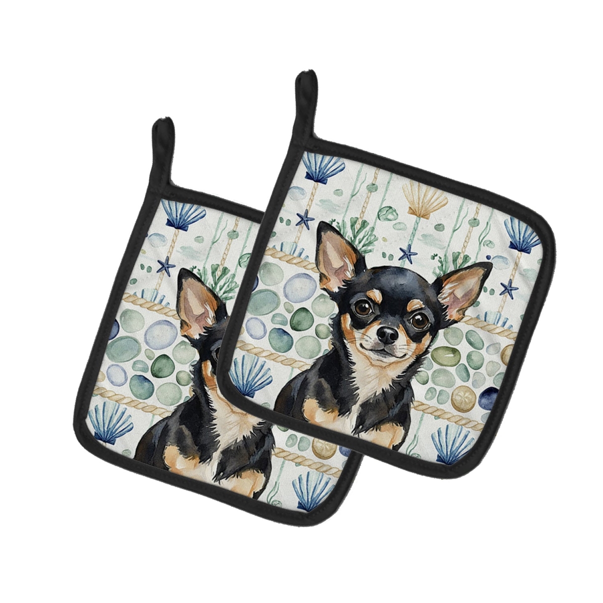 Picture of Carolines Treasures WDK6969PTHD 7.5 x 7.5 in. Black & Tan Chihuahua Coastal Sea Glass Pair of Pot Holders