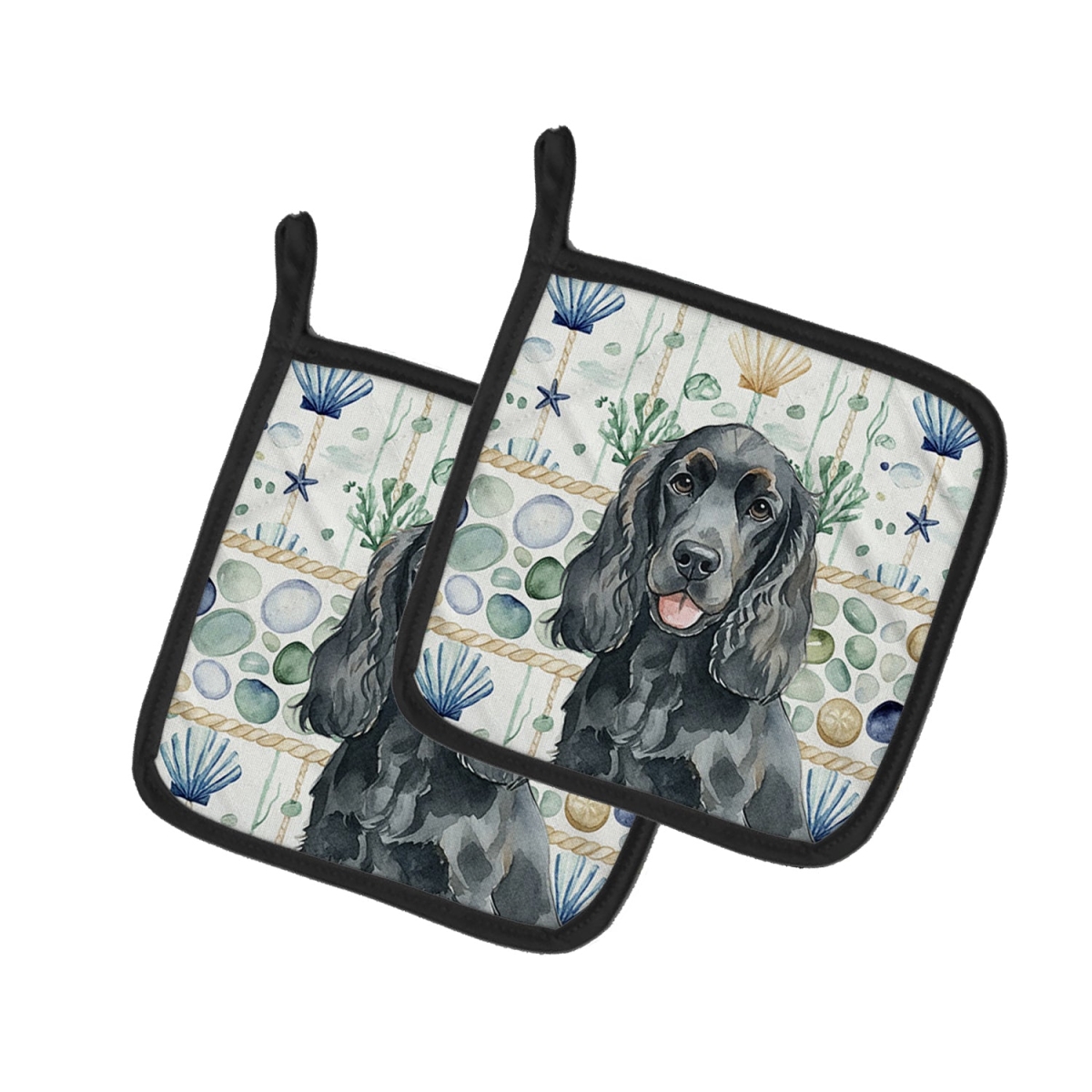 Picture of Carolines Treasures WDK6981PTHD 7.5 x 7.5 in. Black Cocker Spaniel Coastal Sea Glass Pair of Pot Holders