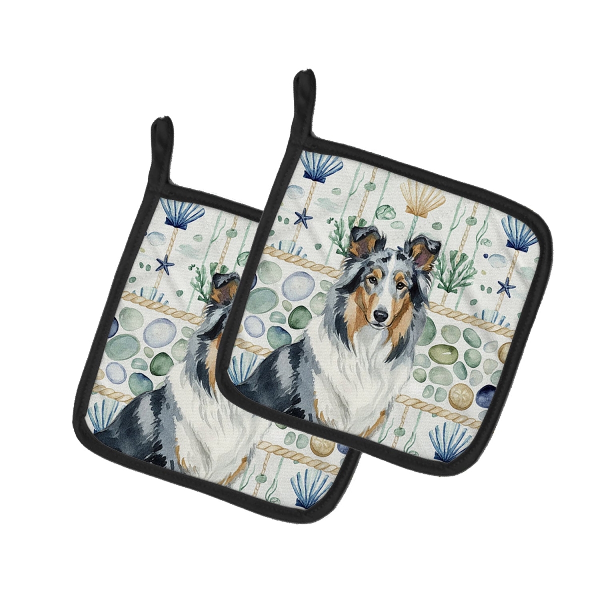 Picture of Carolines Treasures WDK6985PTHD 7.5 x 7.5 in. Blue Merle Collie Coastal Sea Glass Pair of Pot Holders