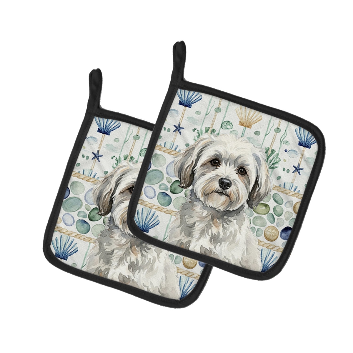 Picture of Carolines Treasures WDK6990PTHD 7.5 x 7.5 in. White with Gray Coton de Tulear Coastal Sea Glass Pair of Pot Holders