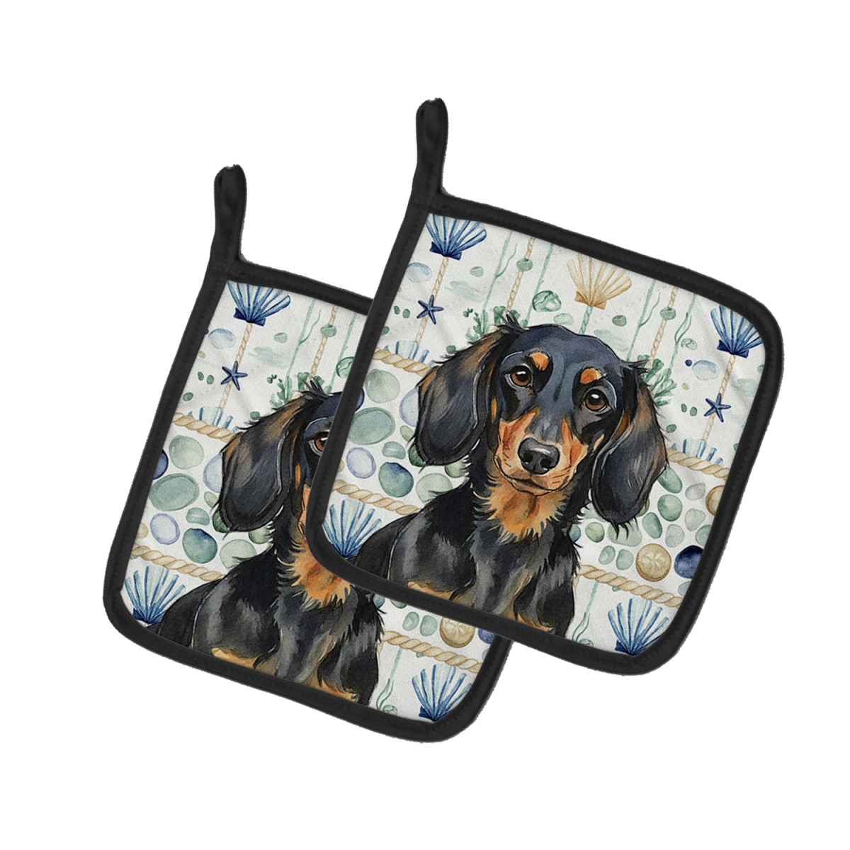 Picture of Carolines Treasures WDK6995PTHD 7.5 x 7.5 in. Longhaired Black & Tan Dachshund Coastal Sea Glass Pair of Pot Holders