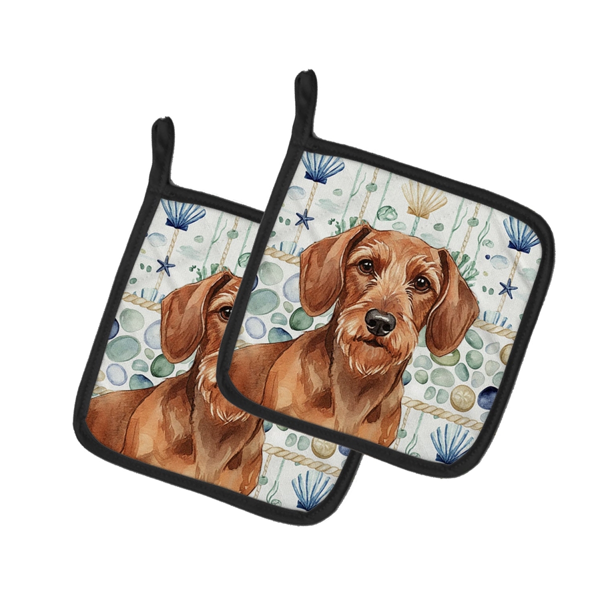Picture of Carolines Treasures WDK7002PTHD 7.5 x 7.5 in. Wirehaired Red Dachshund Coastal Sea Glass Pair of Pot Holders