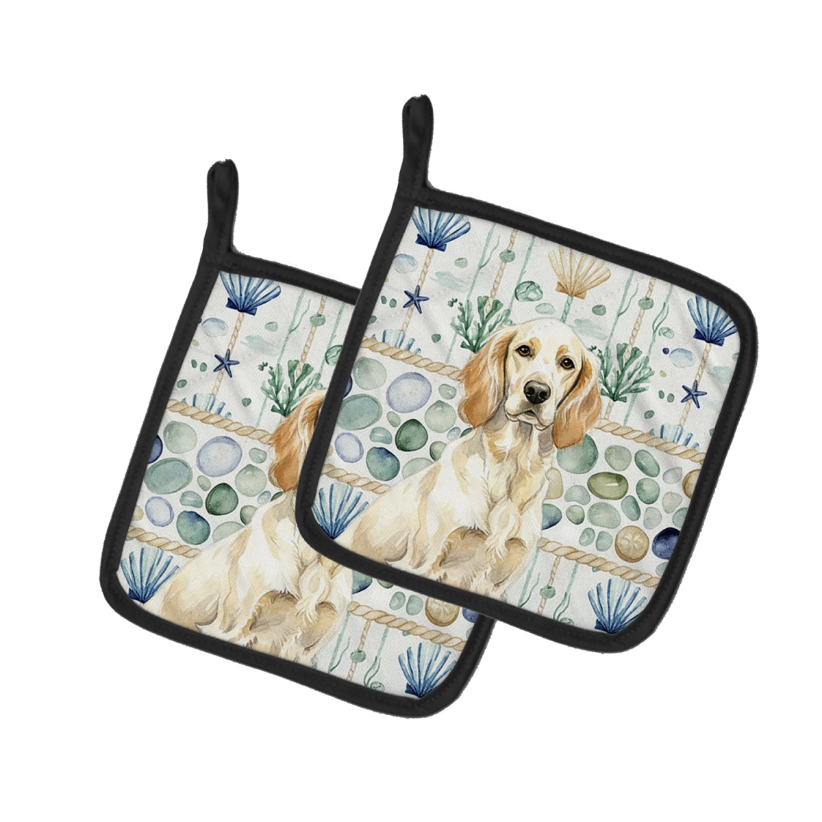 Picture of Carolines Treasures WDK7028PTHD 7.5 x 7.5 in. Lemon Belton English Setter Coastal Sea Glass Pair of Pot Holders