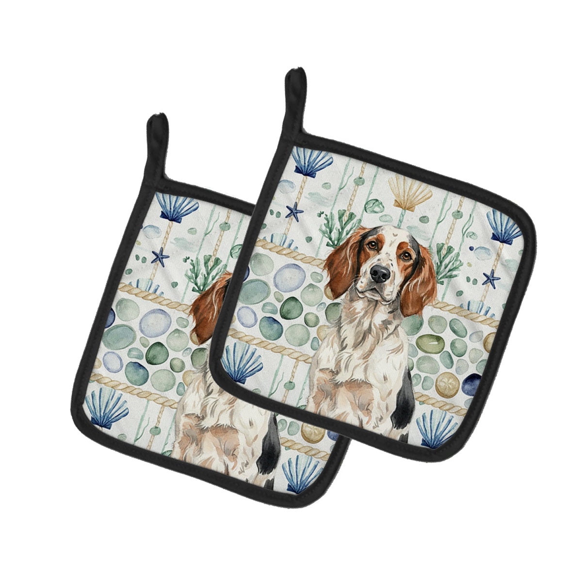 Picture of Carolines Treasures WDK7031PTHD 7.5 x 7.5 in. Tricolor English Setter Coastal Sea Glass Pair of Pot Holders