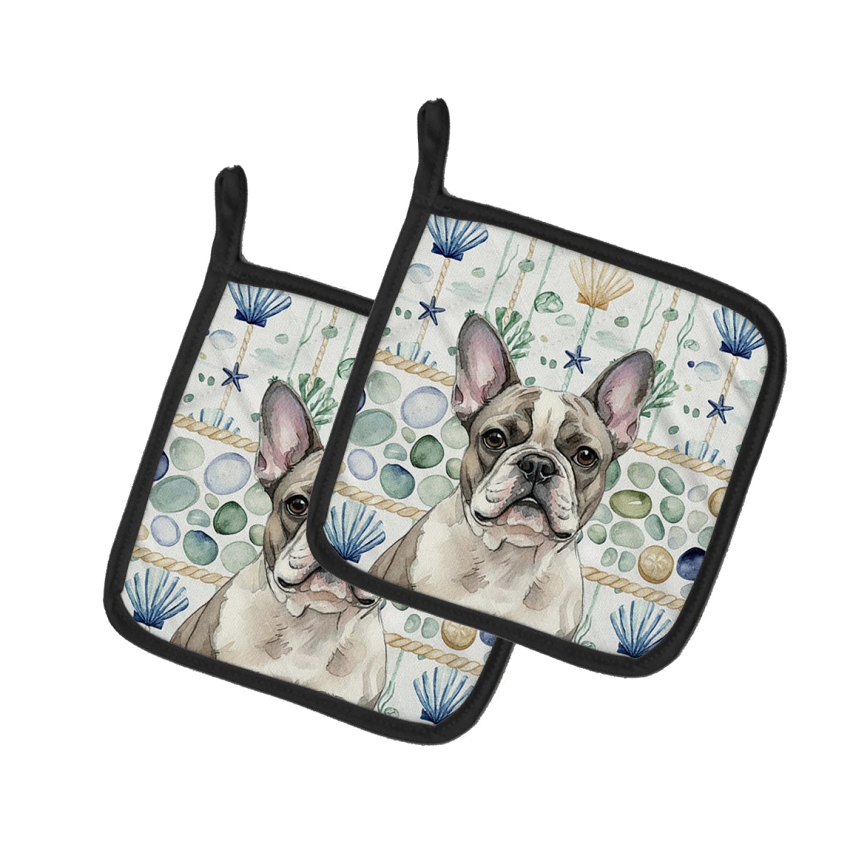 Picture of Carolines Treasures WDK7041PTHD 7.5 x 7.5 in. Pied French Bulldog Coastal Sea Glass Pair of Pot Holders