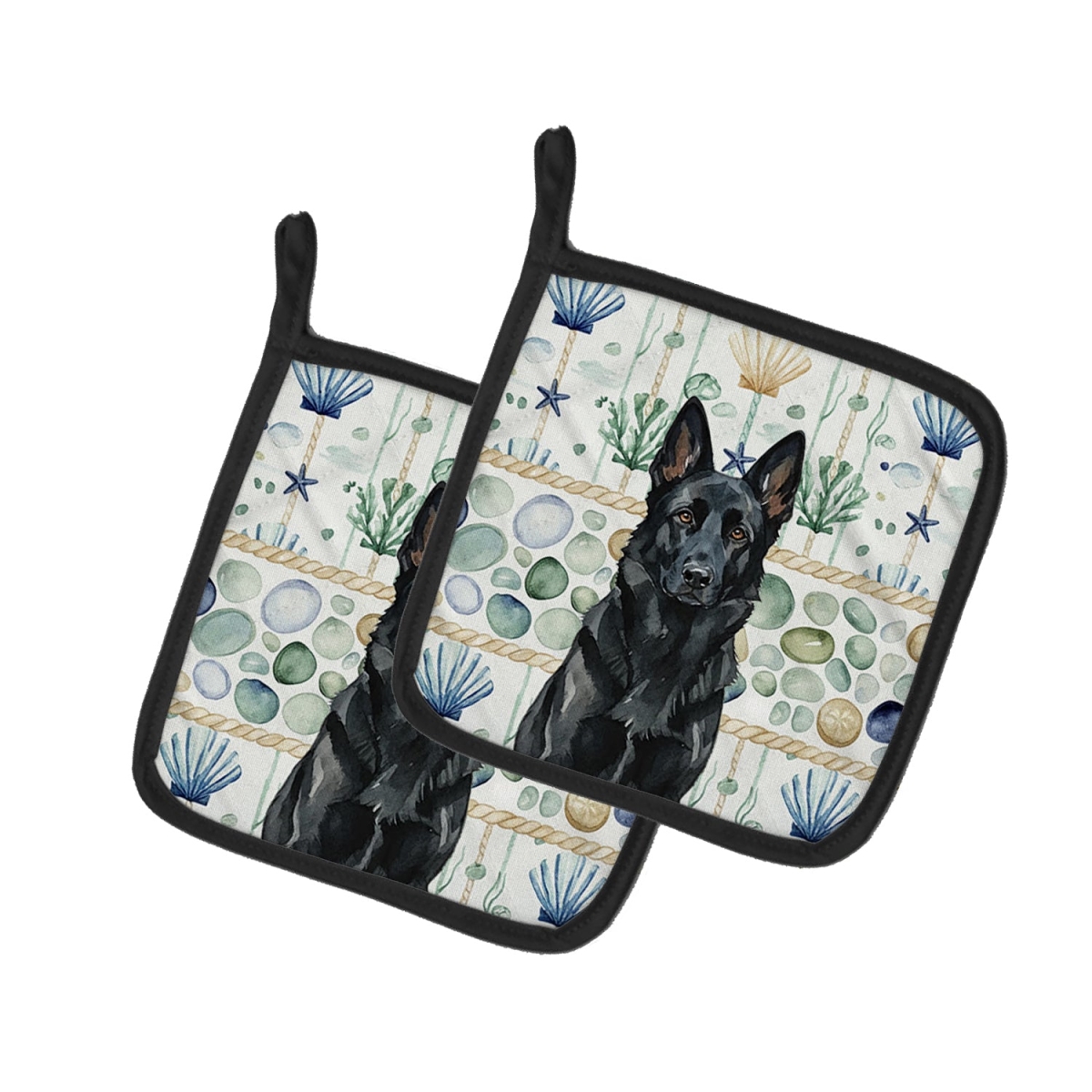 Picture of Carolines Treasures WDK7045PTHD 7.5 x 7.5 in. Black German Shepherd Coastal Sea Glass Pair of Pot Holders