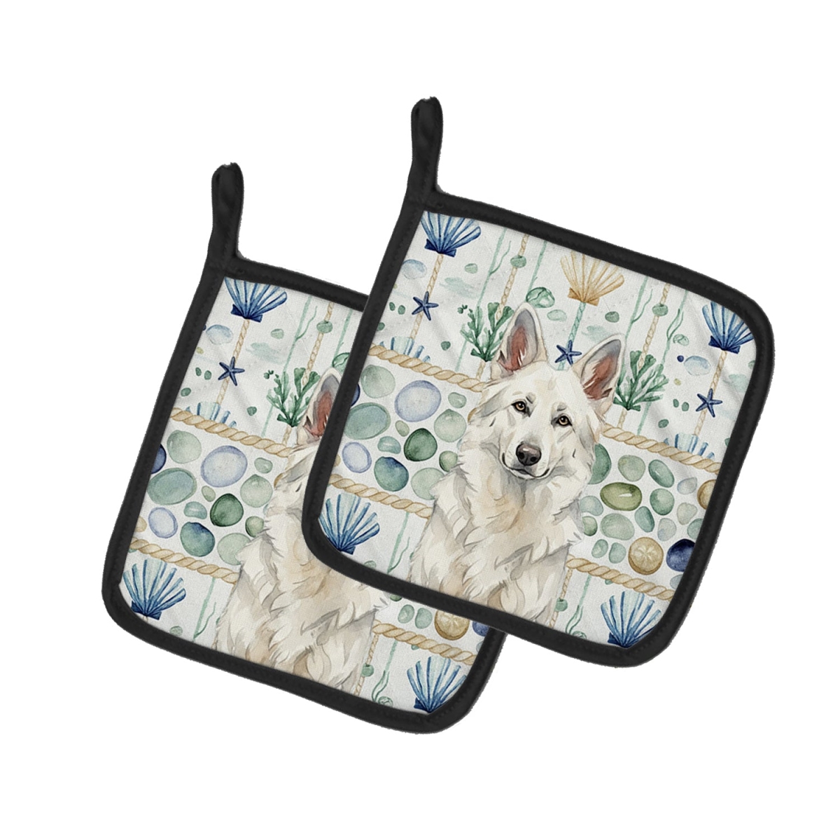 Picture of Carolines Treasures WDK7047PTHD 7.5 x 7.5 in. White German Shepherd Coastal Sea Glass Pair of Pot Holders