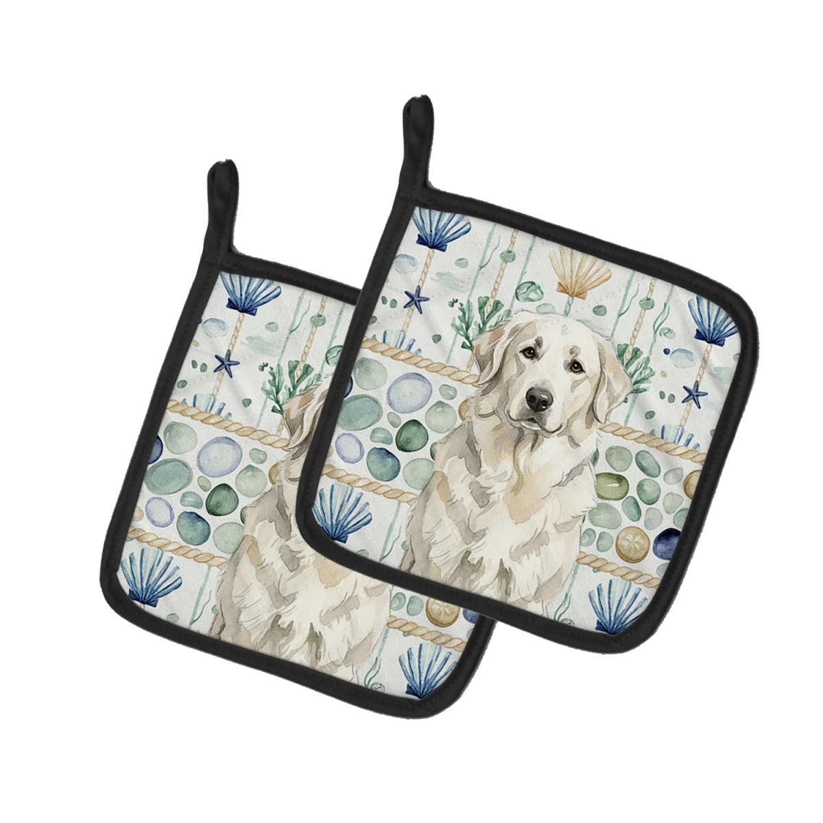 Picture of Carolines Treasures WDK7058PTHD 7.5 x 7.5 in. White Great Pyrenees Coastal Sea Glass Pair of Pot Holders