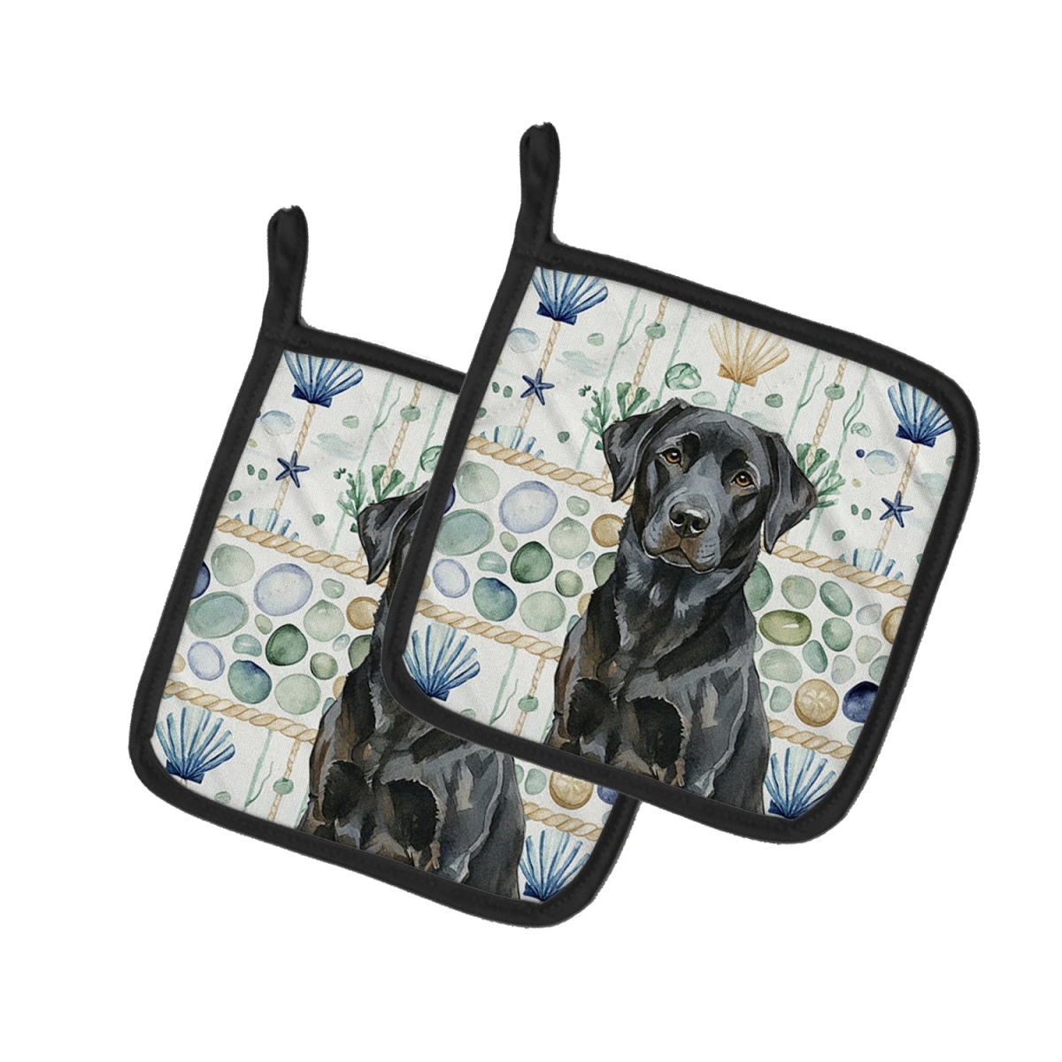 Picture of Carolines Treasures WDK7092PTHD 7.5 x 7.5 in. Black Labrador Retriever Coastal Sea Glass Pair of Pot Holders