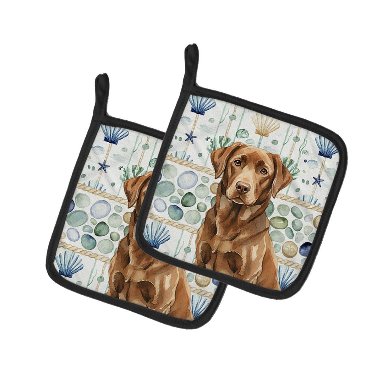 Picture of Carolines Treasures WDK7093PTHD 7.5 x 7.5 in. Chocolate Labrador Retriever Coastal Sea Glass Pair of Pot Holders
