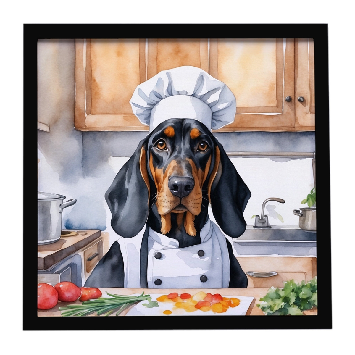 DAC6209MFP88 8 x 8 in. Black & Tan Coonhound The Chef Framed Metal Print
